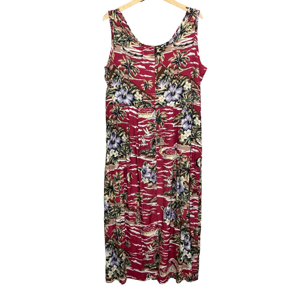 Hilo Hattie Dress Womens Large Red Fujiette Print Tropical Midi Pleated Pockets - Picture 2 of 8